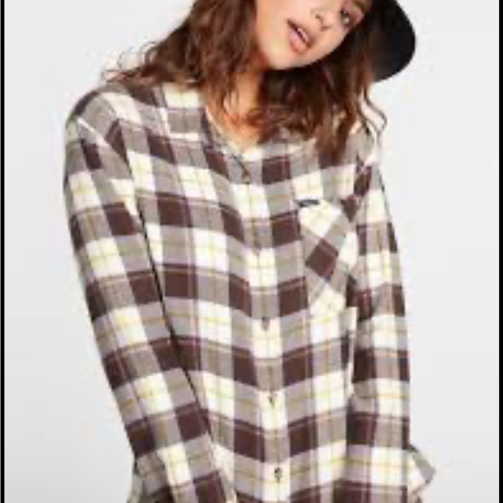 Volcom Brown and White Plaid Button-Up Shirt